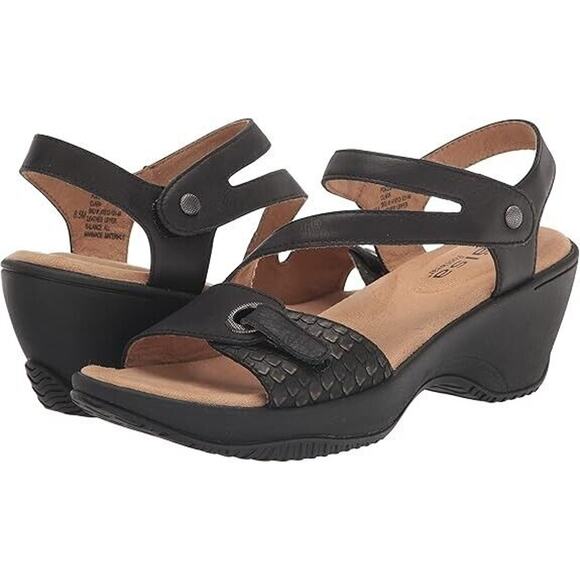 NEW OpBx Halsa Sandals 8.5 Clara Leather Mid Wedge Heels Shoes Ankle Strap Black - Picture 1 of 12